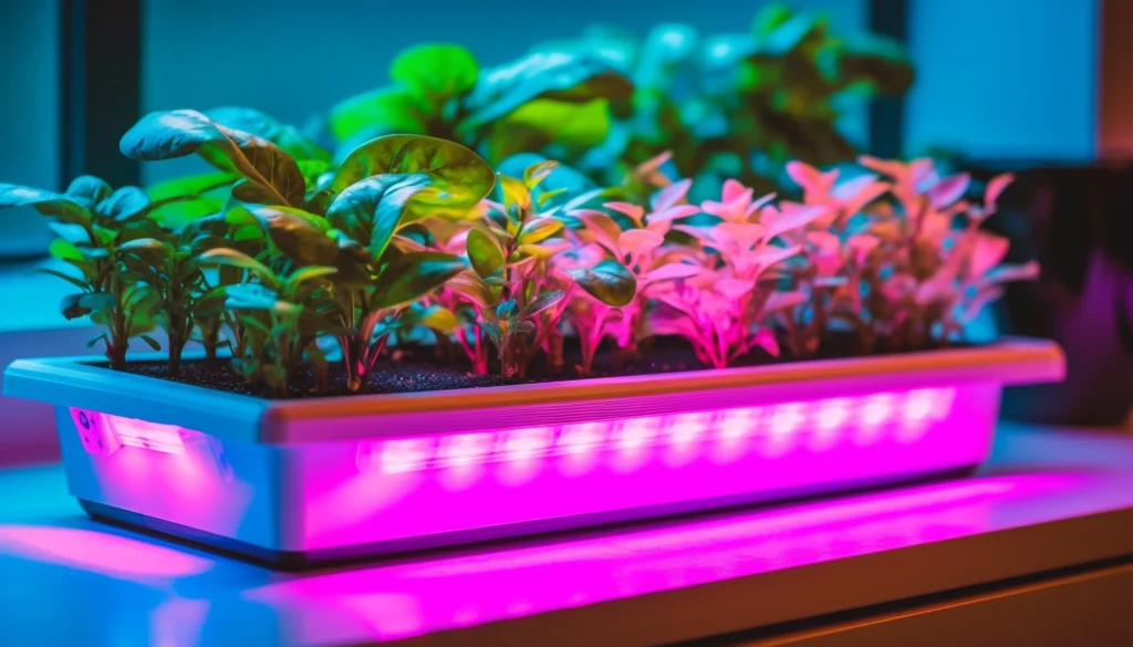 Indoor LED grow light setup showing herbs and small plants on a shelf with full spectrum lighting