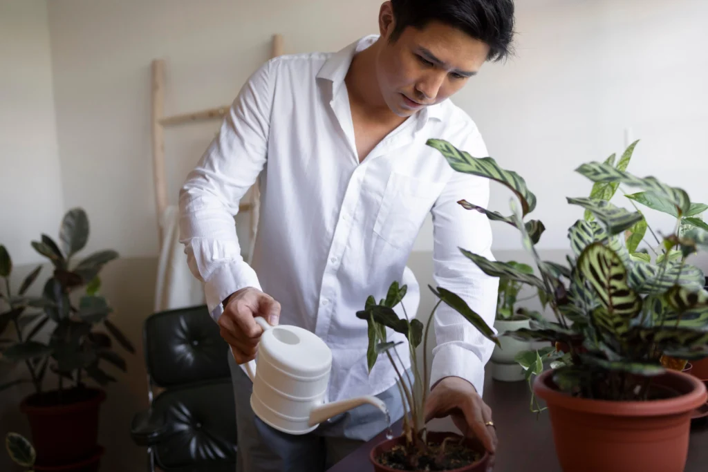 Proper way to water indoor plants using a watering can
